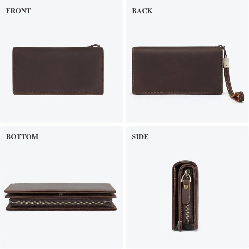 Men's Genuine Leather Brown Bifold Long Wallet Purse Card Multi Zipper Design